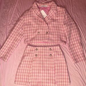 Pink Houndstooth Cropped Jacket and Skirt Set- Women's